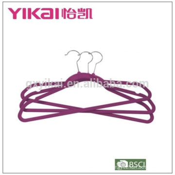 Well-known flocking plastic clothes hanger with notches and bar in dark purple